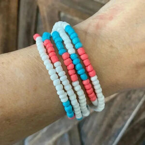 Turquoise White Watermelon Pink Handmade Large Seed Bead Bracelet Necklace